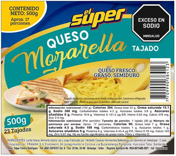 Queso El Super Mozarella Tajado 23t-500g